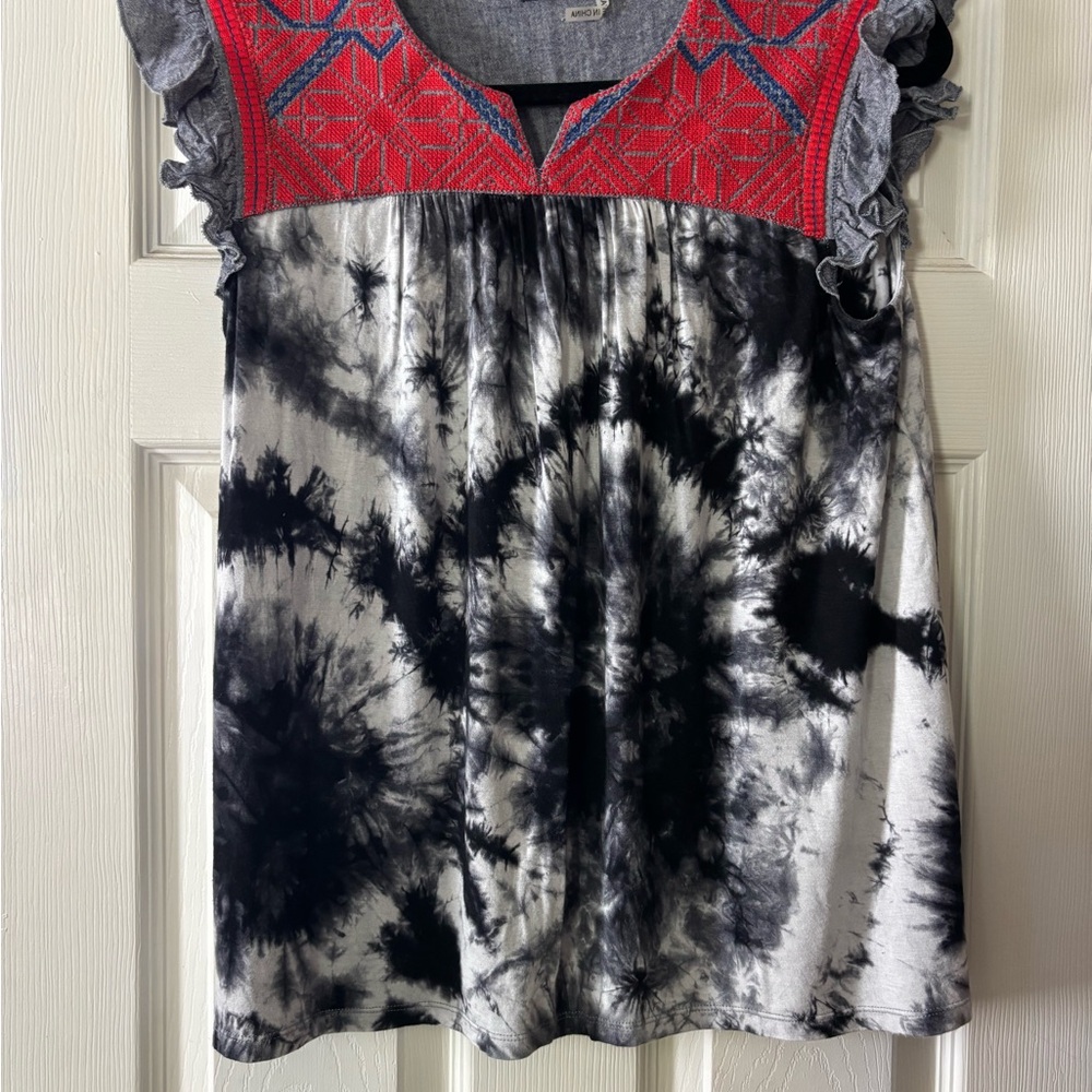 THML Black and White Tie-Dye Blouse with Red Embroidery